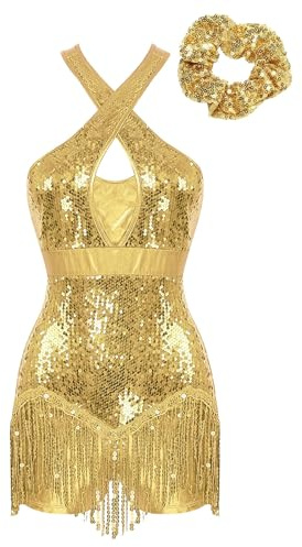 Alvivi Maillot Lentejuelas de Baile Latino con Flecos y Diadema para Mujer Leotardo de Danza sin Espalada Mono de Patinaje Artístico Tango Rumba Cha cha S-XXL Dorado XXL