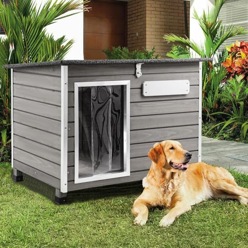 Ketive 0.47 Thick Fir Wood Large Dog House Outdoor, Weatherproof Igloo House for Small to Large Dogs with Removable Floor & Raised Feet, Easy Assembly Pet Shelter for Outside Use