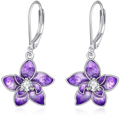 VONALA Purple Orchid 925 Sterling Silver Leverback Earrings with Birth Flower Earrings with White Zircon Jewelry Gift for Women Birthday Christmas