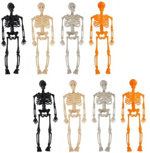 NJCXOLA 8 Stück 4 Farben Halloween Deko Skelett, 14cm Ganzkörper Mini Hängende Skelett für Halloween Hause Party Garten Outdoor Dekoration