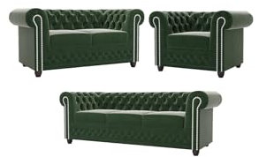 S-Style Möbel Set Sofa 3 Sitzer 2 Sitzer Mit Schlaffunktion Sessel Couch 3 Stück Freistehend Massivholzfüße Braun Samtstoff Elegant Gesteppt Silberne Metallniete York Flaschengrün