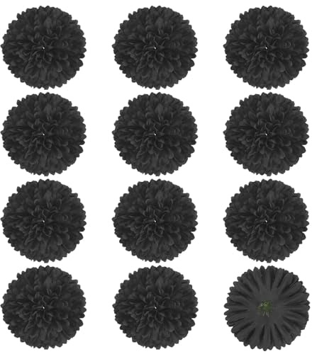 M METERXITY 12-Pack Artificial Flower Heads 2.8in/70mm Silk, Black | Fake Chrysanthemum Floral, for DIY Home Decorations, Wedding Bouquets, Table Centerpieces
