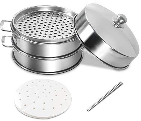 Vaporiera in acciaio inossidabile da 10 pollici, cestello for la cottura a vapore asiatico a 2 livelli con 50 rivestimenti - Funziona con wok for la cottura di verdure e gnocchi (acciaio inossidabile,
