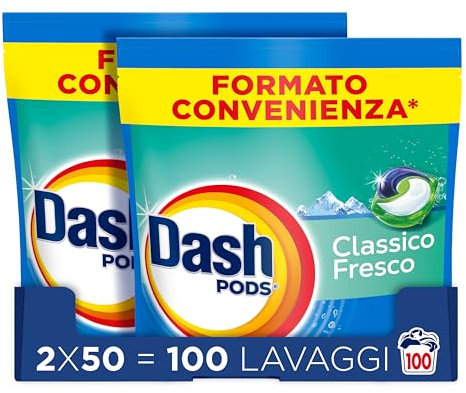 Dash Pods Detersivo Lavatrice In Capsule, 100 Lavaggi (2x50), Classico Fresco, Rimuove Le Macchie, Efficace A Freddo Anche E In Cicli Brevi