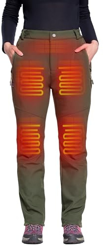 DEWBU Heated Pants for Women with 12V Battery Pack Fleece Lined Outdoor Softshell Pants Electric Heating Trousers, Women's Olive Green, XL