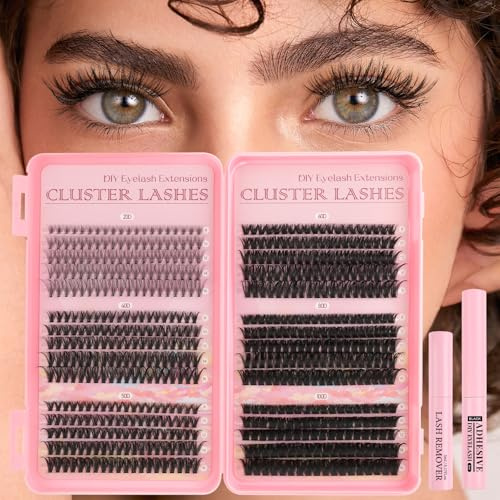 Parriparri Wimpern Extensions Set 590 Stück 20D+40D+50D+60D+80D+100D 8-16mm | D-Curl Lash Cluster mit Wimpernkleber & Entferner, Wiederverwendbare, Natürlichen bis Dramatischen, DIY zu Hause