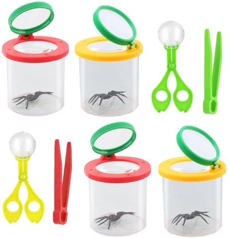 KBIBCK 8 Stück Becherlupen für Kinder, Lupenglas für Kinder, Becherlupe Set mit 2 Pinzette und 2 Insektenfänger Scherenzange, Insekten Viewer für Outdoor Wissenschaft Natur Erkundung (Rot, Orange)