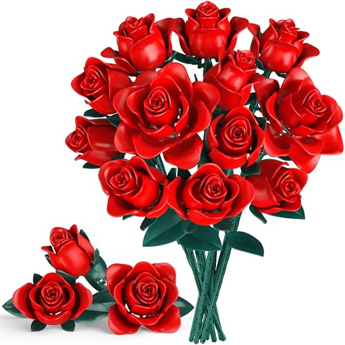 Kit de Construction Bouquet de Fleurs, 634 PCS Feuilles et Pétales Réglables, Roses Rouges Artificielles pour Enfants Noël, Cadeau Saint-Valentin & Fête des Mères Adultes, Homme ou Femme