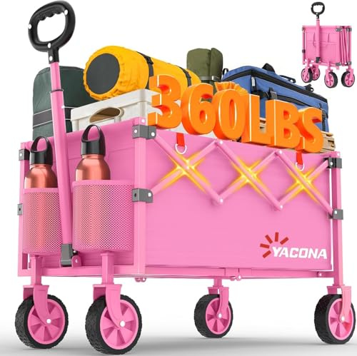 Bollerwagen Faltbar mit 4 verstärkten Rollen, Faltbarer Klappbarer Handwagen mit Griff, Bollerwagen Geländegängig für Lebensmittelgeschäft, Camping, Einkaufen, Strand, Garten, Schwarz (Pink, 100L)