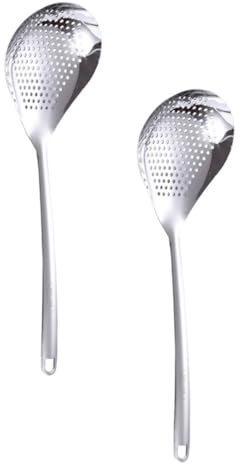 POPETPOP Cuchara Coladora Inoxidable Espumadera Multifuncional para Filtrar Alimentos Diseño de Plano Almacenamiento con Orificios para Colgar para Cocina y Freír