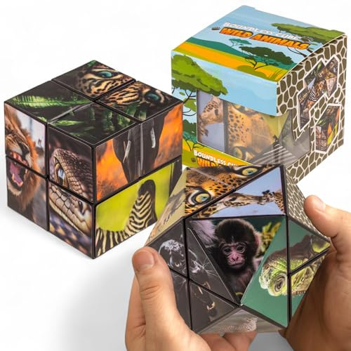 MIJOMA Infinity Cube – oändlig kub med spännande motiv | Fidget leksak mot stress och tristess | hopfällbar kub för barn och vuxna | 5,5 cm (vilda djur)