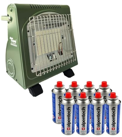 Alpen Camping - Chauffage à gaz Portable 1700W Ceramique + 8 Cartouches de gaz Chauiffage pour Extérieur avec Sécurité thermocouple ODS