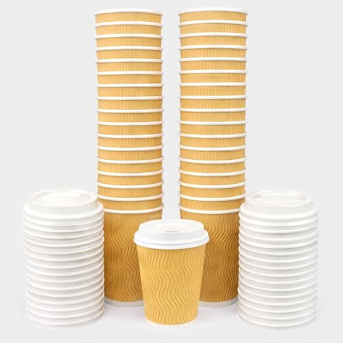 VABE UK 50 X 12oz Takeaway Coffee Cups with lids | Triple Wall Insulated Ribbed Disposable Paper Cups for Hot/Cold Drinks (Brown)