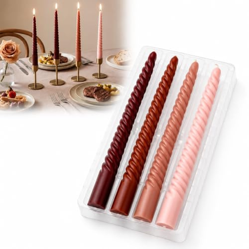 Spiral Taper Candles, 4-Pack, Graduated Brown, Peach and Pink Colours | Twisted Dinner Candle Sticks, Visible Wicks, For Candlestick Holders, Dining Tables, Wedding Centrepieces And Events