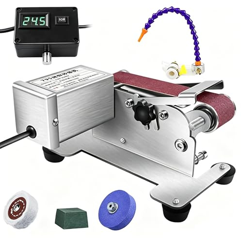 Levigatrice Banco Umido con Controllo Continuo Della Velocità, Affilacoltelli Elettrico con Display Digitale 0-13000 Giri/Minuto, Include Nastri Abrasivi E Mola Lucidante Per Affilatura,Silver