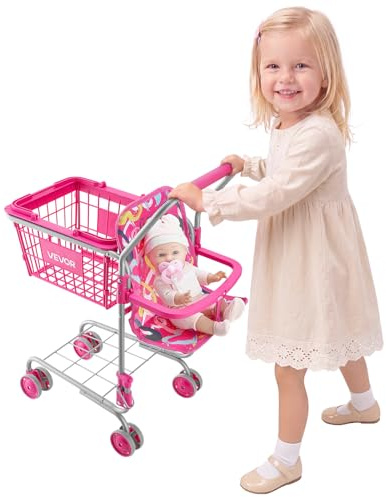 VEVOR Carrito de Compras Infantil Plegable de Metal con Cesta de 7L, Ruedas 360°, Doble Almacenamiento, Muñeca, Asiento para Muñeca, Carrito de Supermercado de Juguete para Niños de 3 Años en Adelante