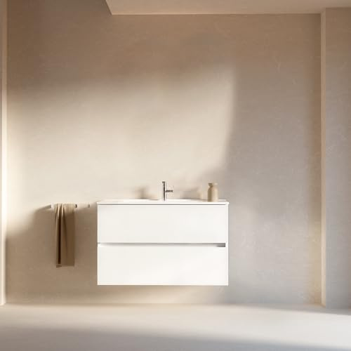 Feel Your Bath Mueble de Baño Lion 100 cm Blanco Brillo con Encimera Blanca Brillo, Lavabo, 2 Cajones Soft Close, Diseño Suspendido, Gran almacenaje con Amplio Espacio para baño, Baño Moderno