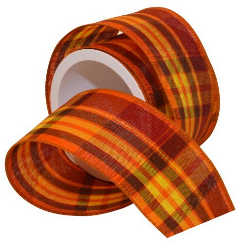 Morex Ribbon Abundance Plaid Wired Fabric Ribbon, Pumpkin Orange, 2-1/2 in x 3-Yd