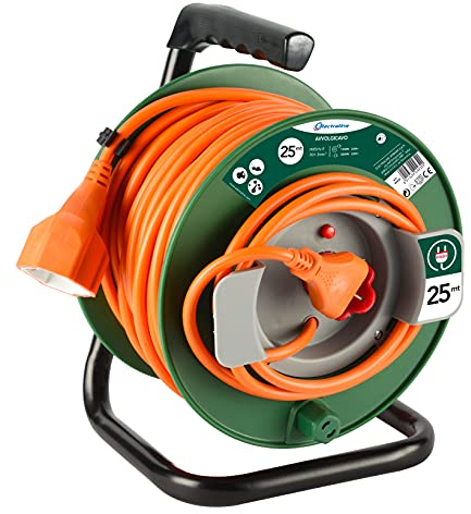 Electraline 49232 Avvolgicavo con presa universale adatta per elettrodomestici da giardinaggio, protezione termica, 25mt., sezione cavo 3G1,5 mm²