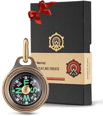 MecArmy CMP Handmade Brass Mini Compass, Pocket Compass Hiking Survival, Small IPX5 Waterproof, Glow-in-The-Dark, Compact, Necklace Pendant, Keychain & Lanyard Mount, Ideal Gift for Women Men