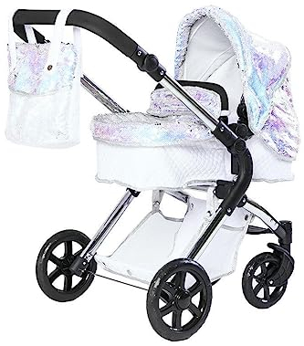 Roma Polly Single Dolls Pram - 2-in-1 Mermaid Dolls Pushchair for 3-9 Years, Lightweight Frame, Adjustable Handle, Carry Cot, Shopping Basket, Coordinating Bag, For Dollys or teddies up to 42cm