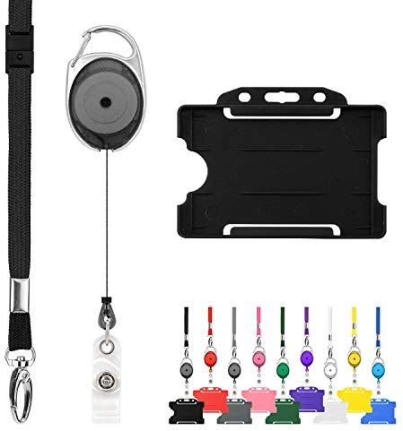Retractable Lanyard and Badge Holder Trio Triple Pack by LanyardsTomorrow - Set Includes A Single Plain Lanyard, Extendable Carabiner Yoyo Reel Clip and Rigid ID Card Holder (Black)