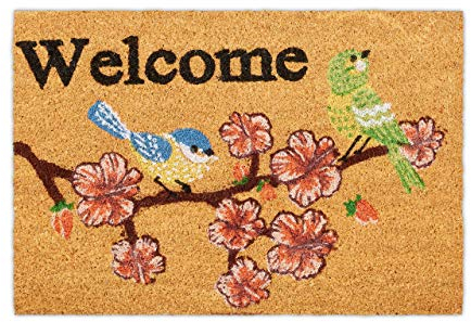 Relaxdays Fußmatte Kokos, Welcome Schriftzug & Kirschblüten-Motiv, Türvorleger innen & außen, Kokosmatte 40x60 cm, Natur