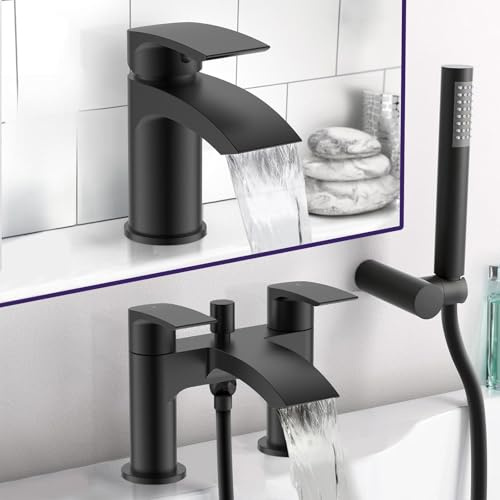 Libra Waterfall Basin Mixer and Bath Mixer Taps with Waste Matte Black