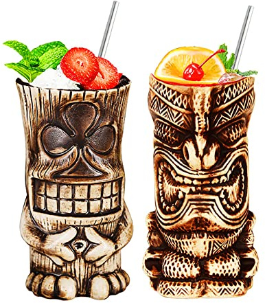 NUACOS Tiki Becher,Tiki gläser Set,Cocktail Becher,2-teiliges Cocktailgläser-Set,Tiki barzubehör,Hawaii-Party für Premium Tropische Tassen Getränke für exotische Party