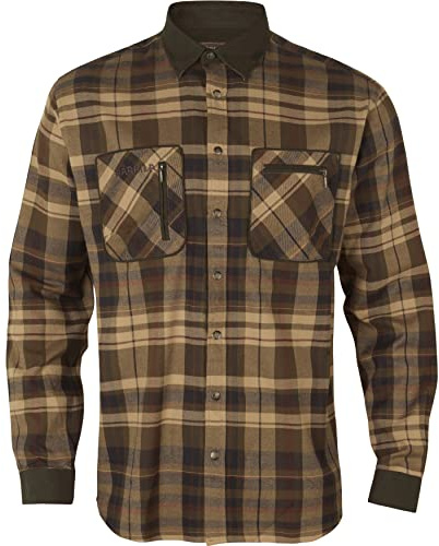 Härkila | Camisa Abotonada Pajala | Camisa de Franela Suave con Refuerzos en los Codos, el Cuello y los Puños | Ropa y Equipamiento de Caza Profesional | Calidad Escandinava | Beige w/Brown, 3XL