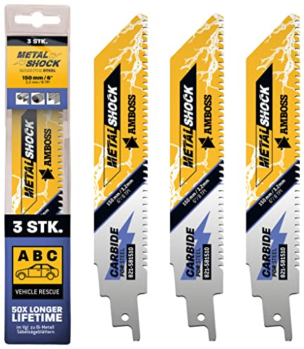 AMBOSS METAL SHOCK - 3x Säbelsägeblatt Länge 150 mm / 8 ZpZ - ideal für Abriss/Fahrzeugrettung/Aufbau/Demontage/Rohrleitungsbau - geeignet für Stahl (Rohre/Profile/Träger) sowie Gussrohre