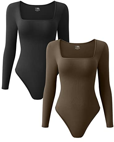 OQQ 2-teiliger Damen Body Sexy Gerippt Einteilig Quadratischer Ausschnitt Langärmelig Bodysuits