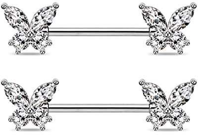 Jewseen Lot de 2 piercings de téton en forme de papillon en acier inoxydable 316L 14G CZ pour femme, Zircone cubique