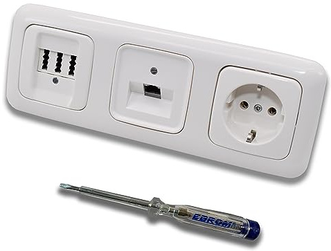 Busch Jäger, Rutenbeck Unterputz Netzwerkdose 10 Gigabit/S 10GbE KAT6A 6A 1x RJ45 Anschluss + EBROM Telefon TAE 3x6 NFN + Steckdose ReflexSi alpinweiß Design + EBROM Phasenprüfer z. Montage d. Geräte