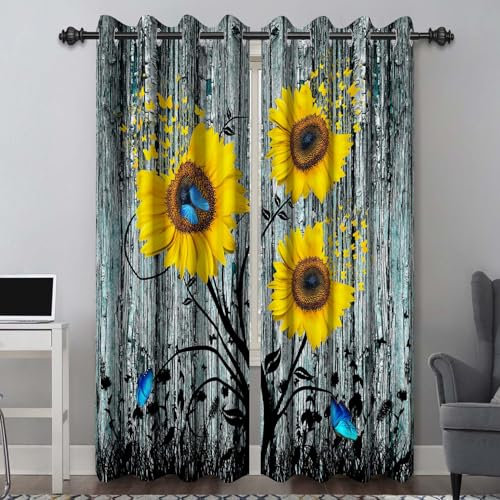 Baocicco Verdunkelungsvorhänge mit Sonnenblumen-Motiv, rustikaler Landhausstil, Blumenmuster, Ösen, Vorhänge, Vintage, Gelb, Sonnenblumen, Schmetterlinge, Vorhang für Schlafzimmer, Küche, Wohnzimmer,