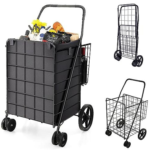 COSTWAY Carrello Portaspesa Pieghevole, Carrello Spesa con Ruote Girevoli a 360° e Borsa Impermeabile Removibile, Capacità di Carico 40 kg, 102L, 61 x 60 x 102 cm