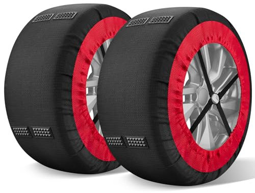 Calze da Neve Omologate Italia EN 16662-1,Catene da neve tessili omologate e ad alta sicurezza - Kit di 2 catene per auto + guanti (Rosso Nero, XL)