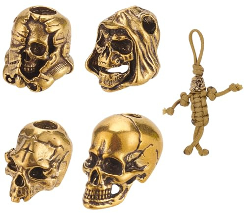 NBEADS 4 Stk. 4 Stile Europäische Perlen aus Messing, Schädel Lanyard Dekoperlen Messing-Seil Perlen Antike Golden Large Hole für EDC Geflochtene Seil Anhänger Schnalle Schlüsselanhänger