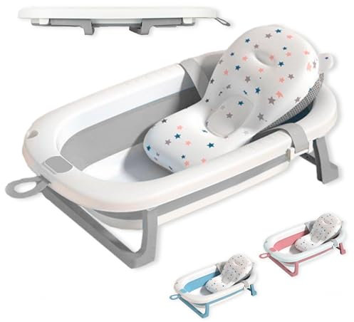 JUPPLIES Bañera Plegable Bebe con Cojin Ergonomico - Bañera Bebe con Patas Plegables Antideslizantes - Bañerita Bebe Portatil y Facil de Guardar - Bañeras para Bebes Banheira (Gris, Sin Termómetro)