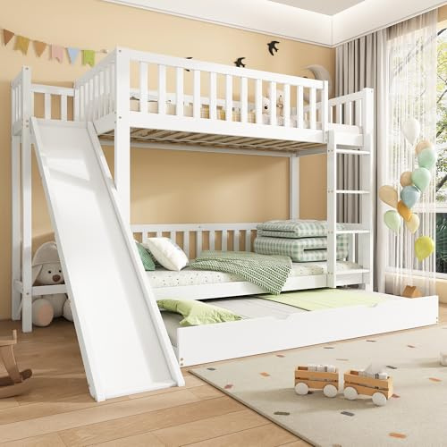 Zravenna Etagenbett mit Ausziehbett Fur Kinderbett 90x200/190cm, Hochbett mit Fallschutzgitter, mit Rutsche und Regale, mit Leiter, Kiefer+MDF, Weiß