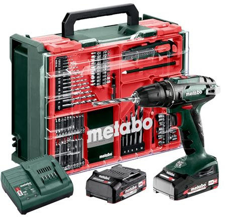 Metabo werke GmbH BS 18 602207710 Kit perceuse-visseuse sans fil (18 V 2 x 2 Ah, chargeur SC 30, coffret en plastique avec atelier mobile 74 pièces, mandrin auto-serrant, crochet de ceinture)