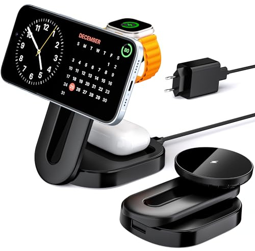 KPON 3-in-1 Magsafe Ladestation für Apple Watch und iPhone, Faltbare iPhone-Ladestation Kompatibel mit Apple-Geräten, 15 W tragbarer Reisekcharger mit Schnellladefunktion (inkl. PD 3.0 Adapter)