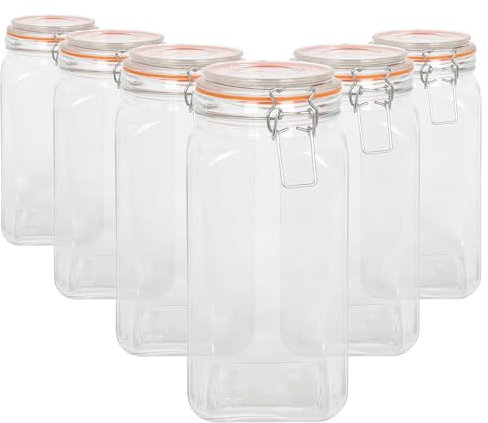 Argon Tableware 1.7L Square Glass Jars with Clip-top Lids - 6pc Airtight Kitchen Mason Jar Food Storage Preserving Container for Pickling, Chutney, Jam, Coffee, Oats