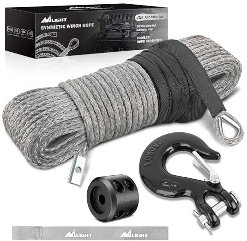 Nilight 1/4 Inch x 50 Feet Synthetic Winch Line Cable Universal for ATV UTV 4x4 Off-Road Vehicle 9000 lbs Winch Line Ropes with Steel Hook Rubber Stopper Protective Sleeve Safety Strap, Grey