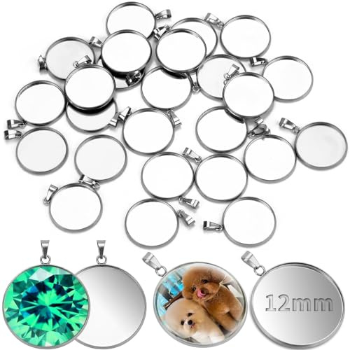 TXXATX 25 Stück Cabochon Rohlinge Kit 12mm Anhänger Rohlinge Silber Lünette Cabochon Rohlinge Leere Trays Runder Bezel für DIY Handwerk Schmuck Foto Getrocknete Blumen Glitzer Harz