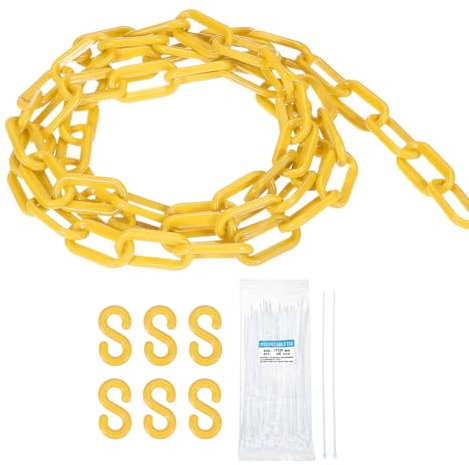 sourcing map Plastic Chain 30 FT/9.2 M, Safety Chain Yellow Plastic Chain Link Barrier with Zip Ties and S-Hooks for Crowd Control Queue Line Fence Decoration