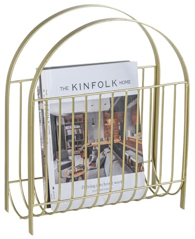 MyGift Deluxe Mid Century Brass Tone Metal Wire Magazine Holder Rack, Table or Floor Display Newspaper Stand Storage Sling for Magazines and Vinyl Record Albums