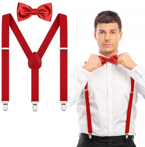 AOOWU Fluga och hängslen set för män kvinnor, enfärgade flugor herr hängslen Y-form med klämmor på justerbart stöd, Aldult-röd-3,5 cm, NO