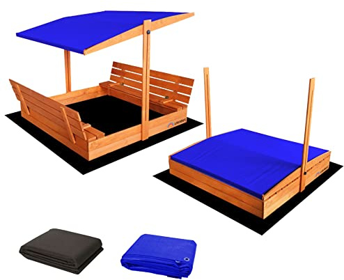 Sandkasten für Kinder aus geschlossenem Holz 140 x 140 cm mit Bänken Sandkasten mit Deckel imprägniertes Kiefernholz Sandkasten mit Absenkdach 1 Abdeckplane 1 Isolierplane Blau
