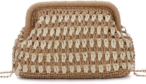 Ynport Crefreak Damen Clutch aus Stroh – Gewebte Sommer Strandhandtasche mit Kettenriemen, Hohles Design für Urlaub und Ausgehen
